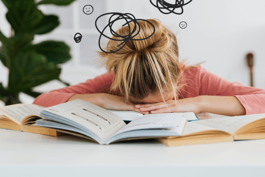A lady with her head on top of lots of books, clearly exhibiting signs of overwhelm