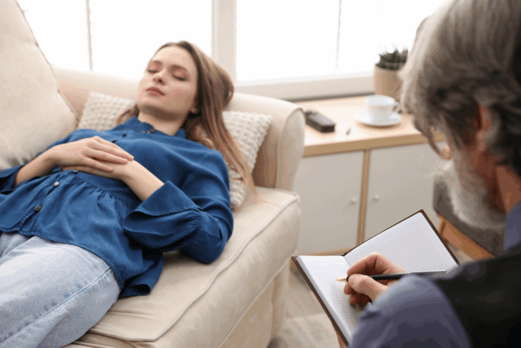 What is hypnotherapy? Athe image shows a lady on the couch getting hpnotised